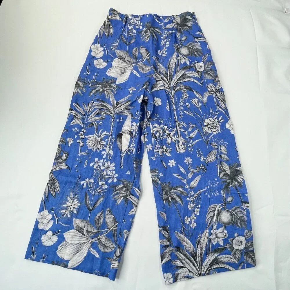 J. Crew Linen Blue Ratti Tropical High Rise Wide Leg Pant Womens 4